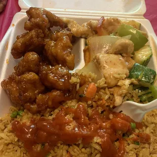 Orange chicken, Thai curry and fried rice