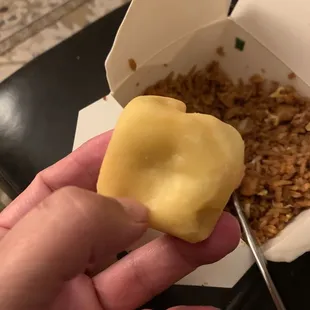 Doughy crab Rangoon, undercooked. Complete bummer.