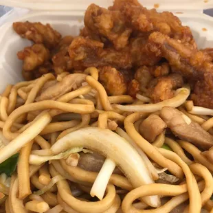 Orange chicken and chicken chow main lunch special