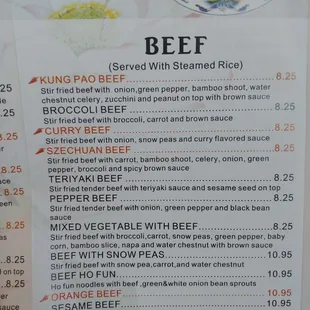 Part of the take out menu