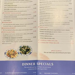 Chef's special and Dinner menu