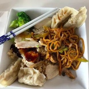 Steamed dumplings, veggie lo mein, chicken and broccol w/ brown sauce on the side.