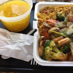 Egg drop soup and shrimp vegetable mix with rice only 8.35 including tip and tax!