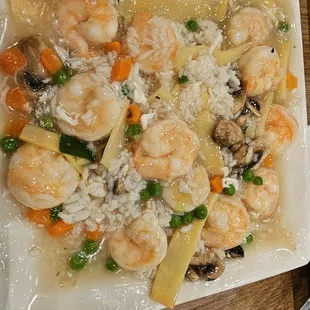 Shrimp in lobster sauce with a little white rice stirred in