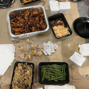 Orange chicken party tray, honey walnut shrimp, filet mignon, lo mein, green beans