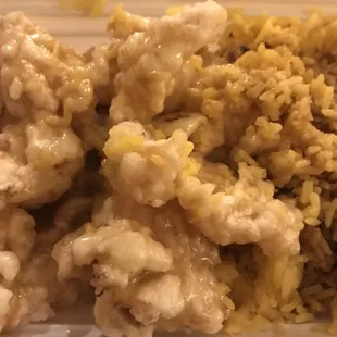 a plate of rice and chicken