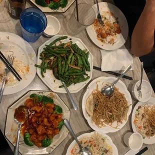 Pork green beans, sweet and sour chicken, honey bbq rice, pot stickers and chicken chow mein.