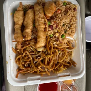 Garlic Fried Chicken, BBQ pork fried rice, chicken chow mein