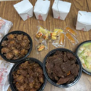 Sesame Chicken, orange chicken, Orange Beef, shrimp chow mein