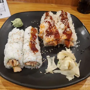 Alaska roll and crunchy spicy salmon roll