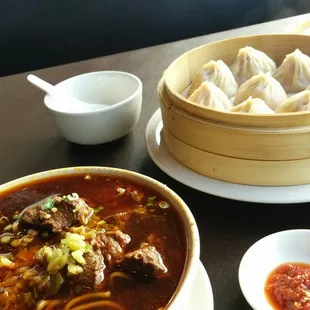 Soup Dumplings and Spicy Beef Noodle Soup