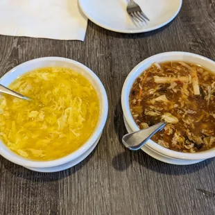 Corn Egg Flower Soup and Hot &amp; Sour Soup (small size pictured)