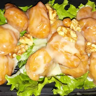 Gross. Taste like donut holes with shrimp. Too much batter and the shrimp was tiny inside. stick to jades palace for honey walnut praws.