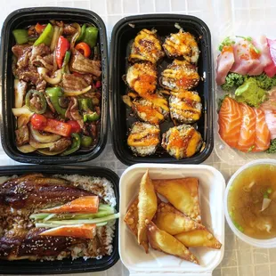 Unagi don, mongolian beef, sashimi, dragon roll, ragoon and crab and shrimp wonton soup