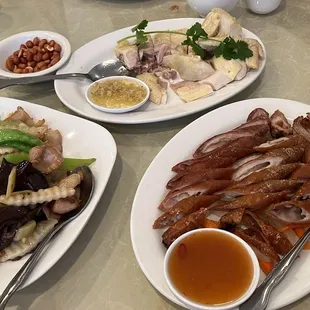 Sautéed pork jowl, steamed free range chicken, deep fried pork intestine.   All were wonderful and tasty, pork intestine was extra crunchy.