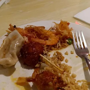 Chicken meatballs, head-on shrimp and fried rice