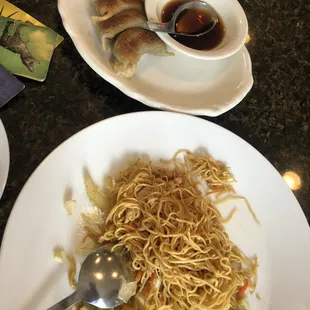 Vegetarian street noodles.  Spinach pan friend dumplings.