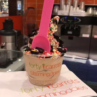 Coffee flavored fro-yo topped with Oreo and sprinkles. $7.81