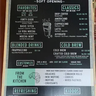 Current menu for soft opening