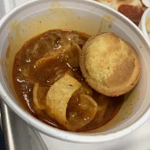 Chili...without beans. I am the weirdo that needs beans in my chili, but oh man this is GOOOOOD