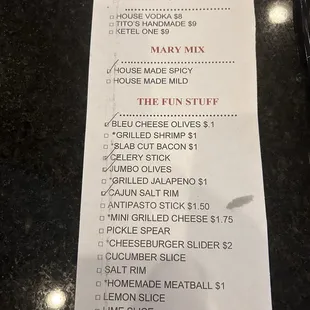 Bloody Mary Build your own menu