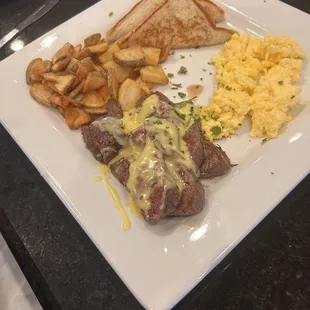 Flank steak and eggs.