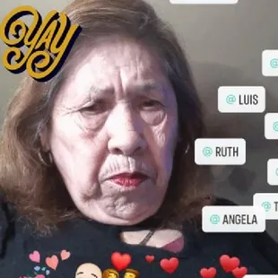 an old woman with a lot of emoticions on her face