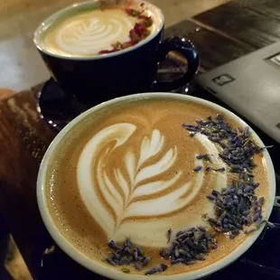 Rose and lavender lattes. Strong floral flavors.