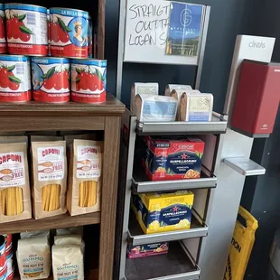 a display of pasta and other foods
