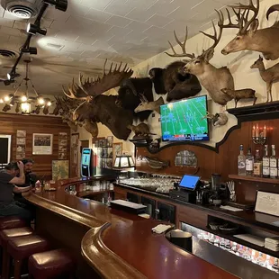 a bar with deer heads on the wall