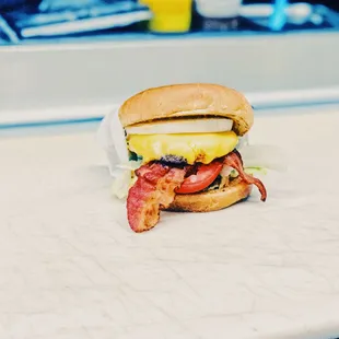 Classic Burger + Cheese, Bacon and Onions!