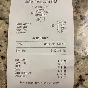 a receipt for a frozen drink