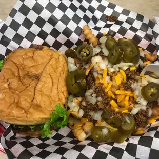 Foster burger with loaded fries