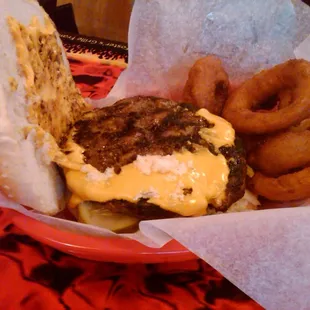 &quot;char-burger&quot; and onion rings