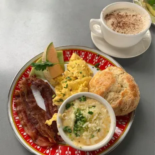 Farm plate with bacon and a chai latte