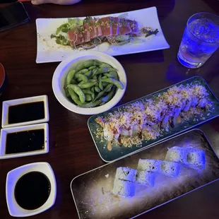 Crunch roll, California Roll and blue fin sashimi