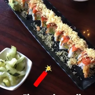 Firecracker Roll and pickled cucumbers