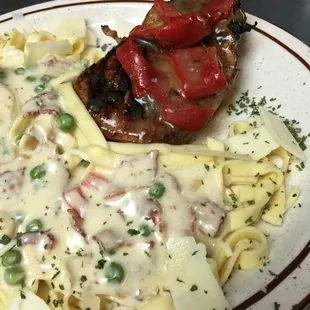 Grilled Bone-In Pork Chop with Pasta Carbonara