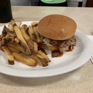a plate of fries and a pulled pork sandwich
