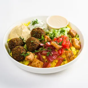 falafel, hummus, pickled onions, tomatoes, cucumbers, pita chips, saffron basmati rice and lemon tahini dressing