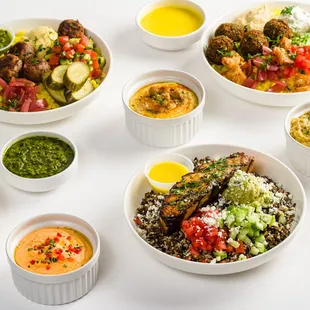 roasted salmon and super grain bowl, falafel bowl, beef and lamb meatballs bowl