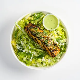grilled salmon &amp; green salad: grilled salmon , scallion, dill, feta with greek goddess dressing