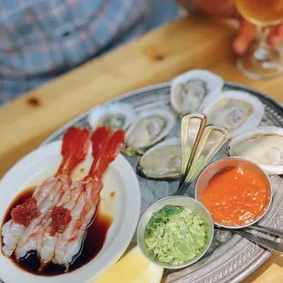 oysters on the half (assorted), spot prawns