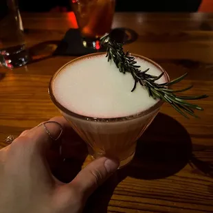 a person holding a cocktail with a sprig of rosemary