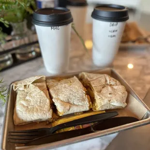 Breakfast Burrito sliced to share. Meh!