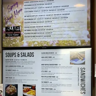 Spring drink menu and soups, salads, and sandwiches menu
