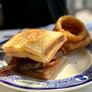 "Grilled Cheese" Bacon Burger with Onion Rings.