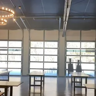 tables and benches in a large room