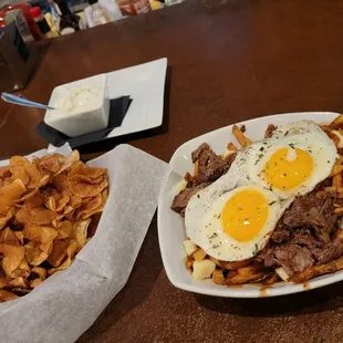 Homemade potato chips and dip. Short Rib Poutine.