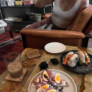 Jammy Egg Toast, Lox Bagel, oat Milk Latte and Iced Oat milk latter